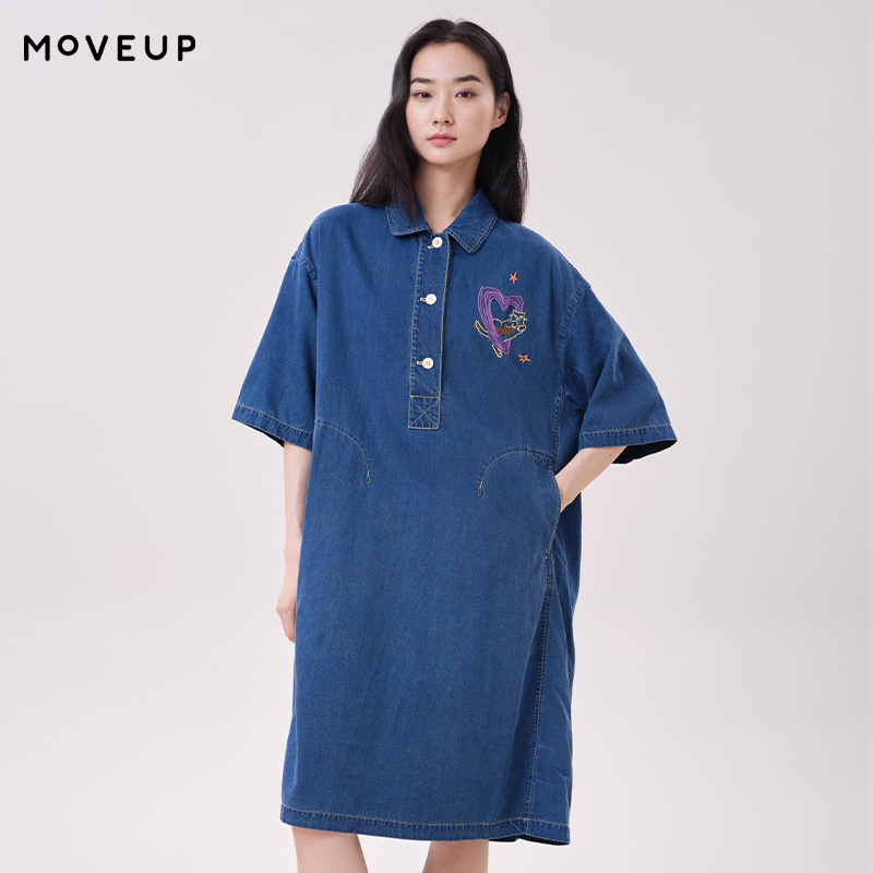 Midi Dress - MOVEUP ชุดเดรสผ้าเดนิล ไลโอเซล คอปกโปโล ปักลายแมวรูปหัวใจ ชุดเดรสกระเป๋าข้าง