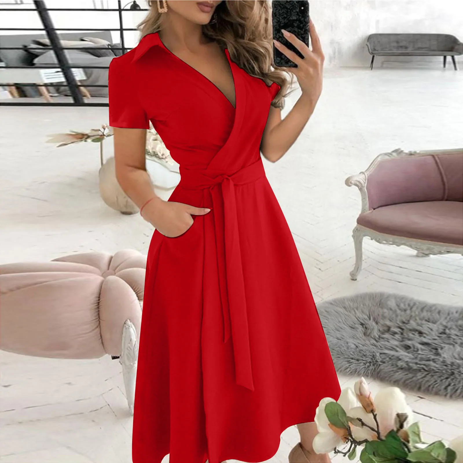 Women'S Red Formal Wear - แฟชั่นฤดูร้อนฤดูใบไม้ผลิเดรสสำนักงานแขนยาวคอวีสีแดง, เดรสสะโพกกระเป๋าสีดำสีน้ำเงินชุดเดรสสำหรับผู้หญิง