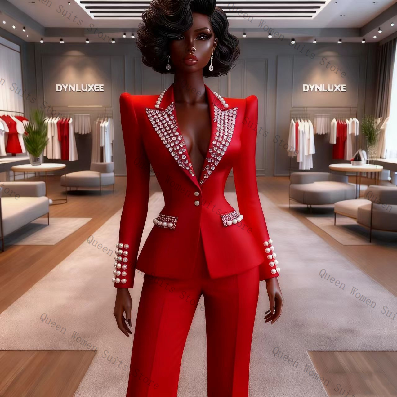 Women'S Red Formal Wear - ชุดสูทผู้หญิงสีแดงมุก 2 ชิ้น เสื้อเบลเซอร์+กางเกงขายาว ผ้าฝ้าย สำหรับงานพรอม