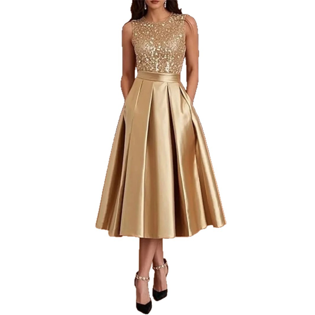 Midi Dress - เดรสผ้าซาตินสีเบอร์กันดีประดับเลื่อม แบบมีกระเป๋า ความยาวปานกลาง ทรงเอ สายผูกหลัง ไม่มีแขน