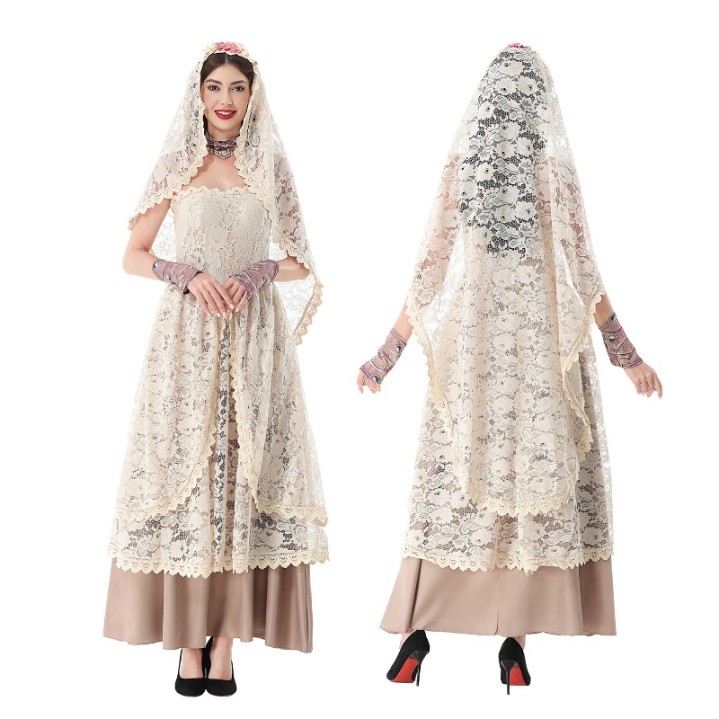 Wedding Dress - ชุดเดรสยาวผ้าลูกไม้สไตล์วินเทจสำหรับผู้หญิง พร้อมผ้าคลุมหน้าลูกไม้ ดีไซน์เกาะอก ลายดอกไม้ เหมาะสำหรับงานฮาโลวีน งานแต่งงาน