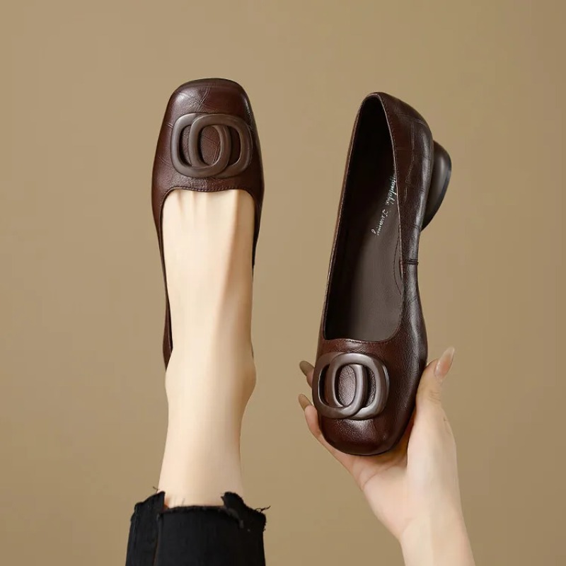 Womens Heels - รองเท้าส้นสูงสไตล์ฝรั่งเศสสำหรับผู้หญิง รองเท้าหนังหัวเหลี่ยม แฟชั่นรองเท้าผู้หญิง