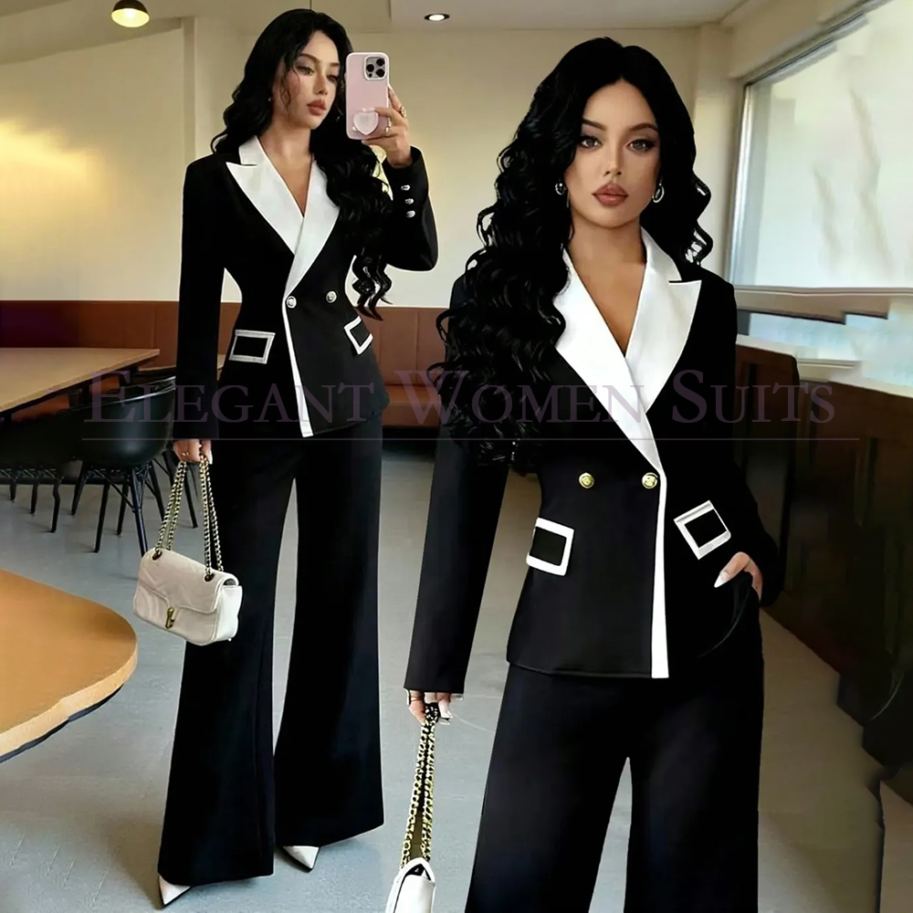Womens Blazer - ชุดสูทผู้หญิงสีดำสุดหรู 2 ชิ้น เสื้อแจ็คเก็ตและกางเกง ตัดเย็บตามสั่ง ชุดทำงานสำหรับสุภาพสตรี