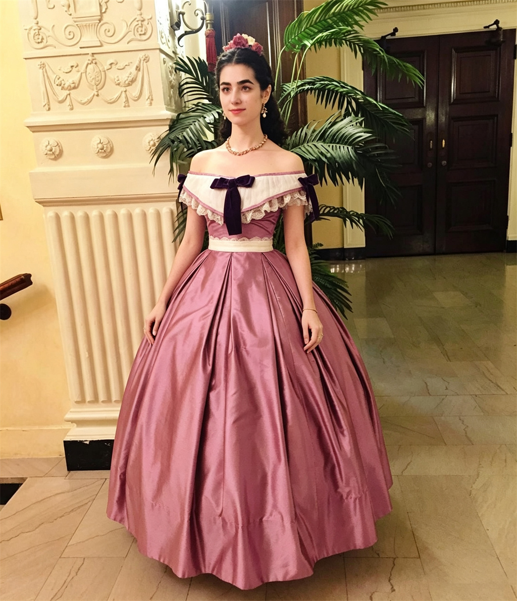 Evening Gown - ชุดราตรีสไตล์วิคตอเรียนย้อนยุคสำหรับสุภาพสตรีผู้สูงศักดิ์ แบบเปิดไหล่ สีชมพูหม่น ผ้าซาติน กระโปรงบานเต็มตัว พร้อมลูกไม้และโบว์สีม่วงเข้ม