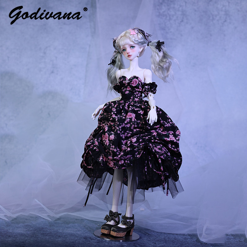 Midi Dress - ชุดเดรสตุ๊กตา BJD ขนาด 1/4 สีดำพื้น ลายดอกไม้สีชมพู