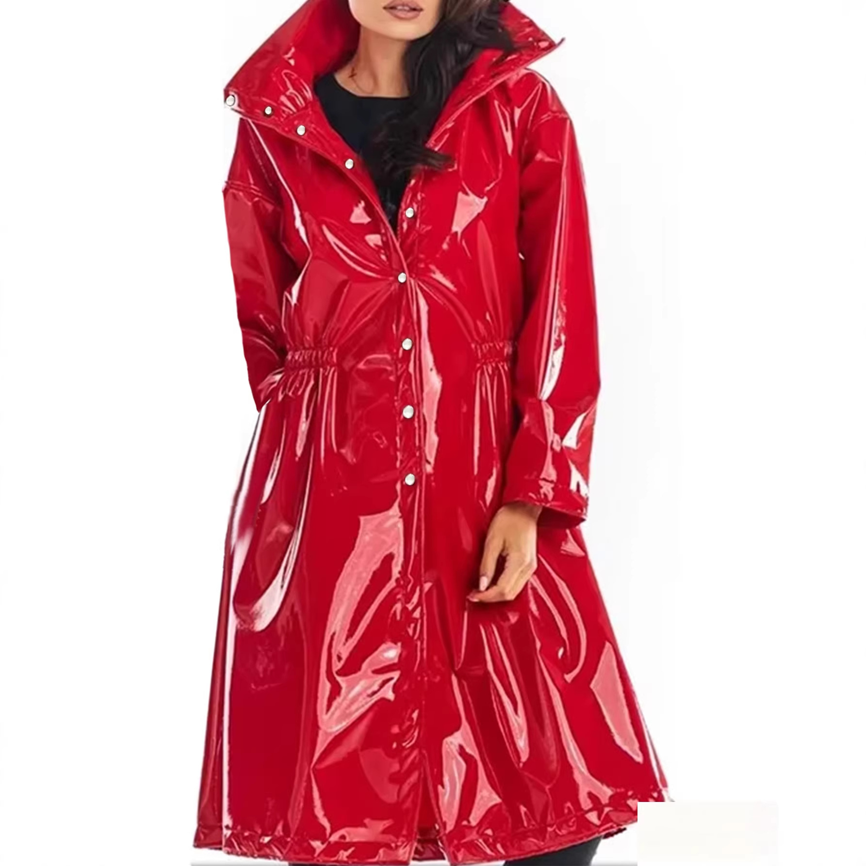 Womens Blazer - เสื้อโค้ทยาวสำหรับผู้หญิง วัสดุหนัง PU แบบ Wet Look
