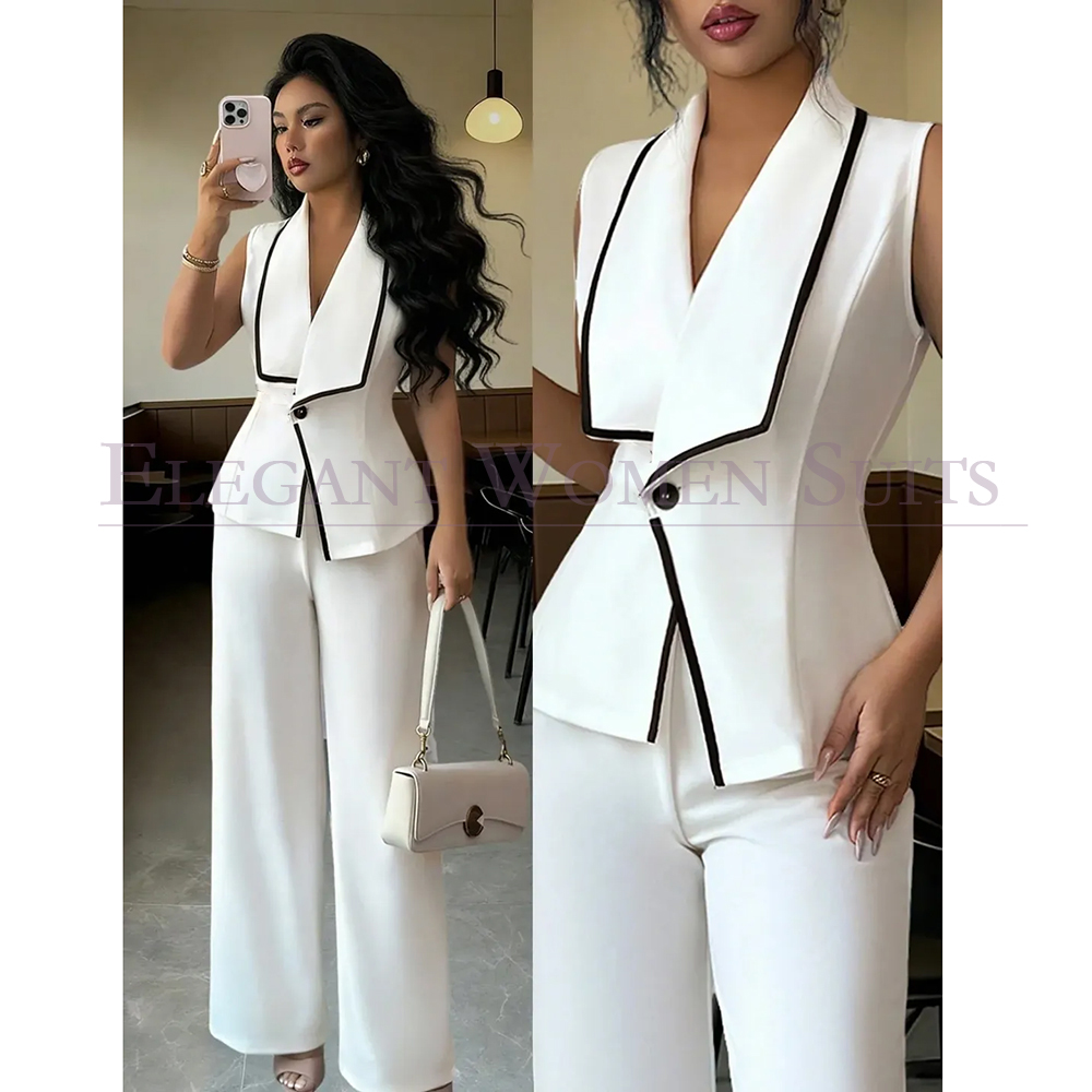 Womens Blazer - ชุดสูทผู้หญิงแบบกระดุมเดียว ปกผ้าคลุมไหล่แบบไม่มีแขน สีขาว พร้อมกางเกงและแจ็คเก็ต ชุดทำงานสุดหรูสำหรับฤดูร้อน
