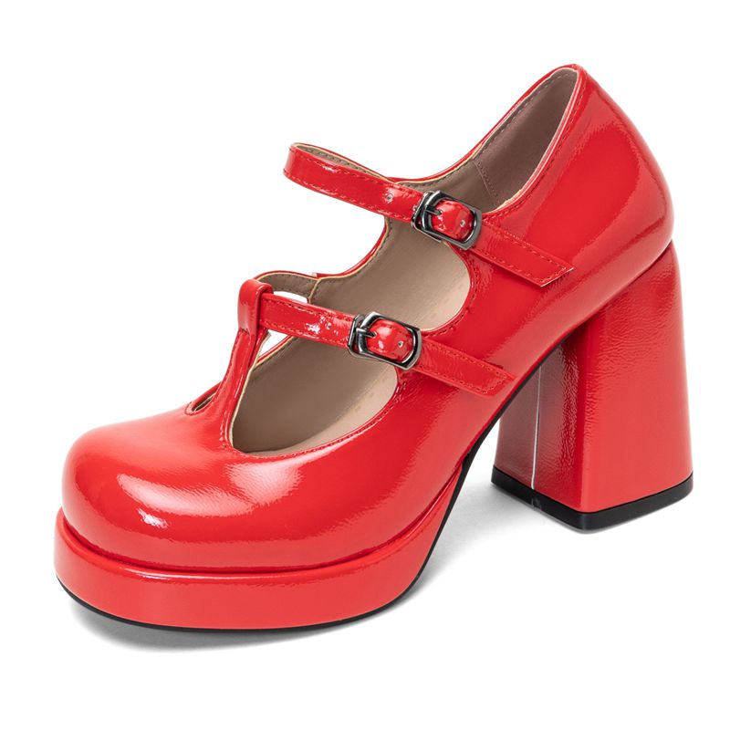 Pump Heel Block - รองเท้าส้นตึกแบบมีสายรัดข้อเท้า สไตล์เรโทร วินเทจ หัวมน ส้นสูง 9.5