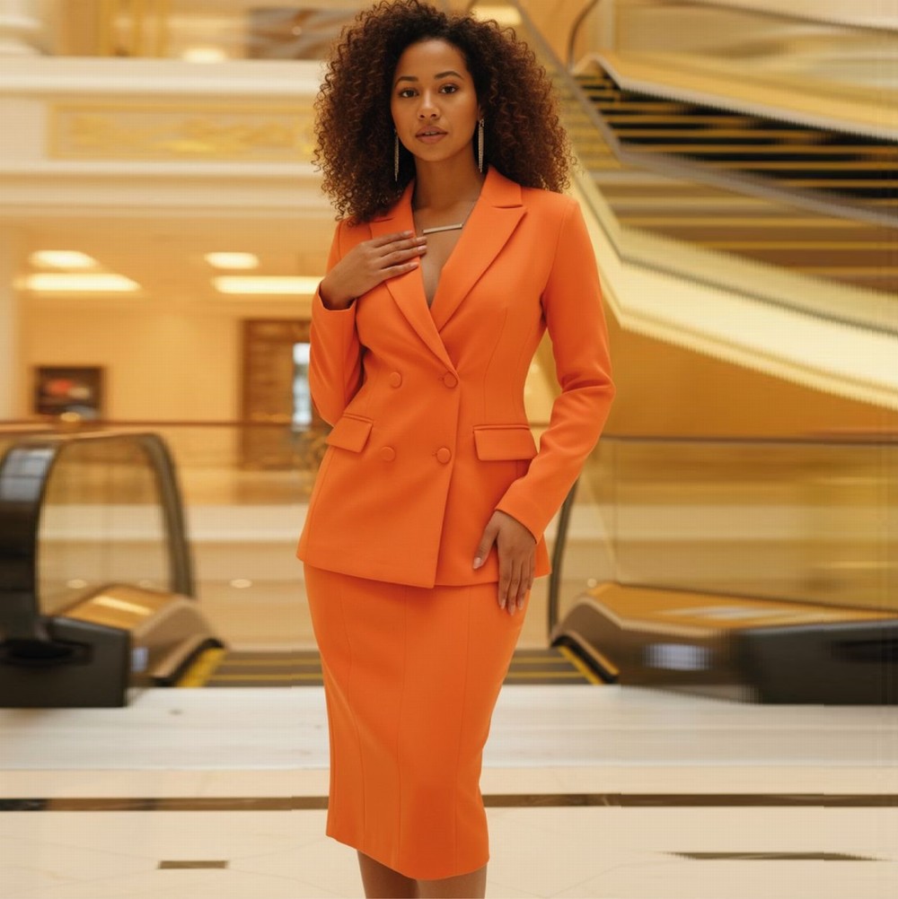 Formal Skirt - ชุดสูทผู้หญิงสีส้มใหม่ เสื้อเบลเซอร์และกระโปรงทางการ ชุดทักซิโด้สำหรับธุรกิจ งานแต่งงาน งานเลี้ยง ชุด