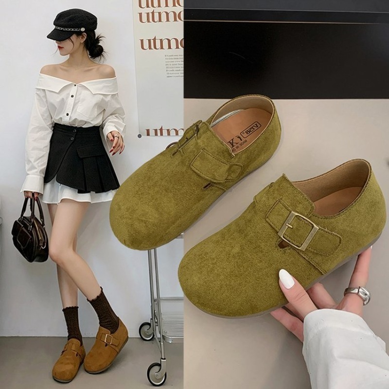 Womens Heels - รองเท้าบิร์เคนสำหรับผู้หญิง หนังกลับ ปิดส้น หัวเหลี่ยม หัวกลม หัวเข็มขัดโลหะ