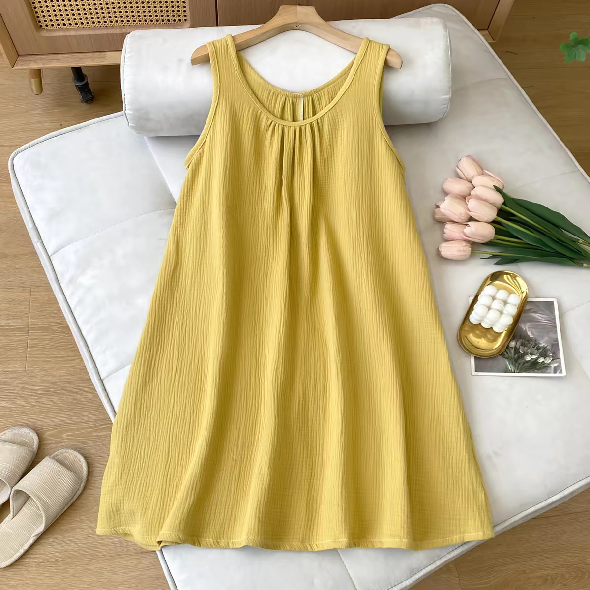 เดรสแขนกุดผ้าฝ้าย 100% สไตล์ลำ - Midi Dress บทวิจารณ์และราคา