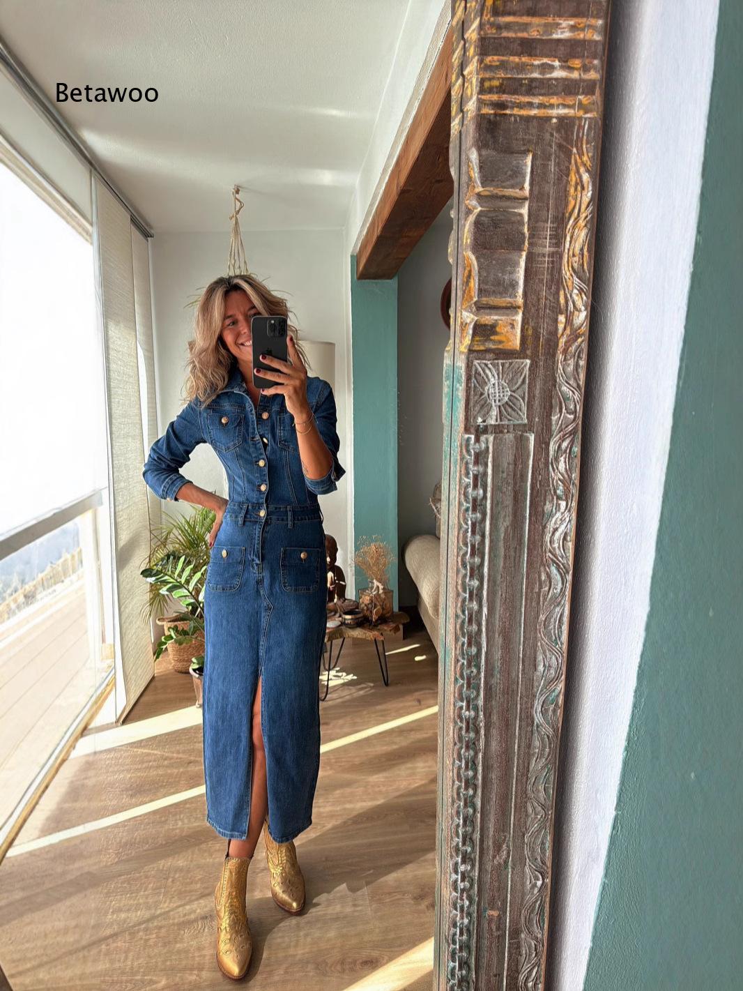 เดรสยีนส์สีดำทรงมิดิสำหรับผู้ห - Midi Dress บทวิจารณ์และราคา