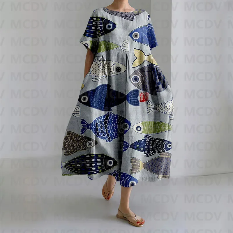 ญี่ปุ่น Vintage Fish Art พิมพ์ - Midi Dress บทวิจารณ์และราคา